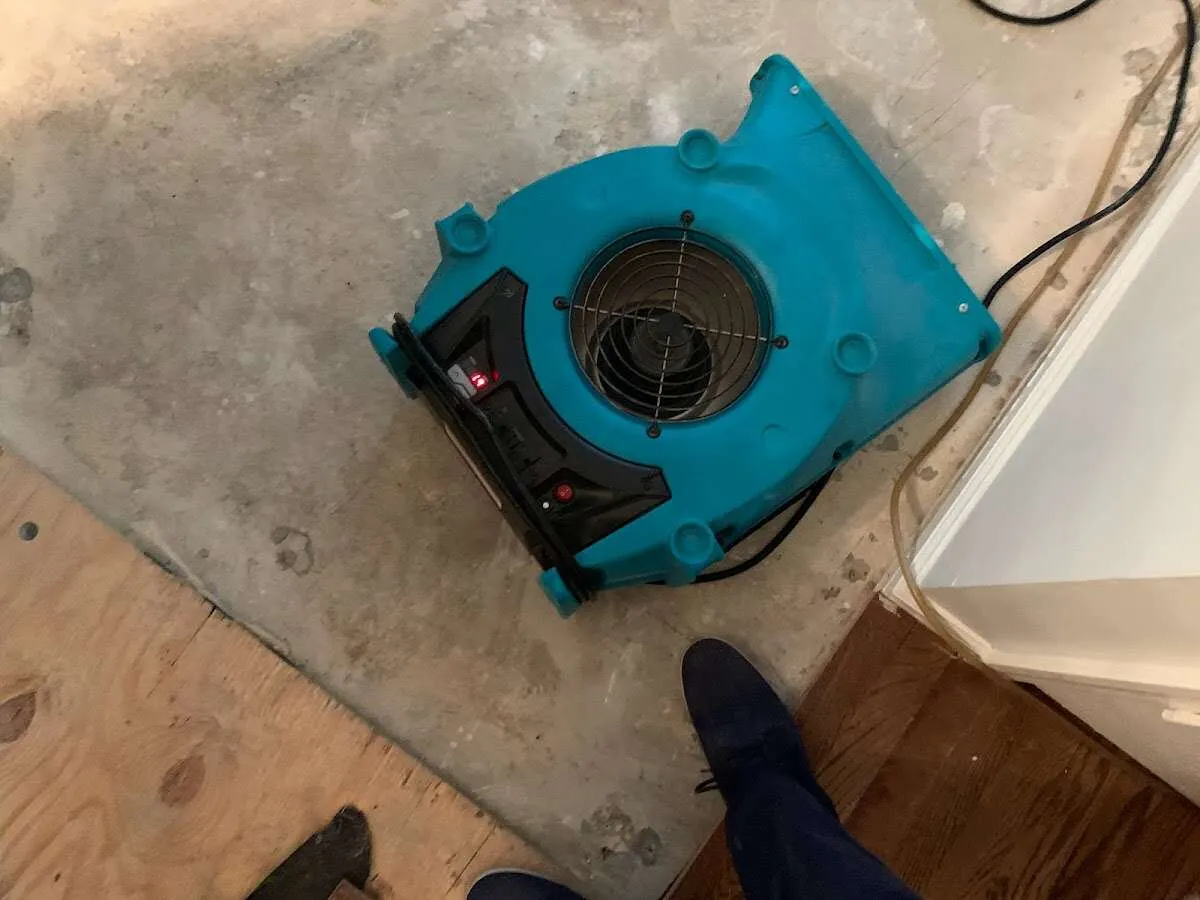Air mover drying subfloor during Commercial Water Damage Restoration in Chesterfield
